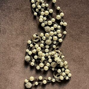 CHANEL 3-Row Faux Pearl Necklace Crystal Moons Gold Tone Hardware DAMAGE READ
